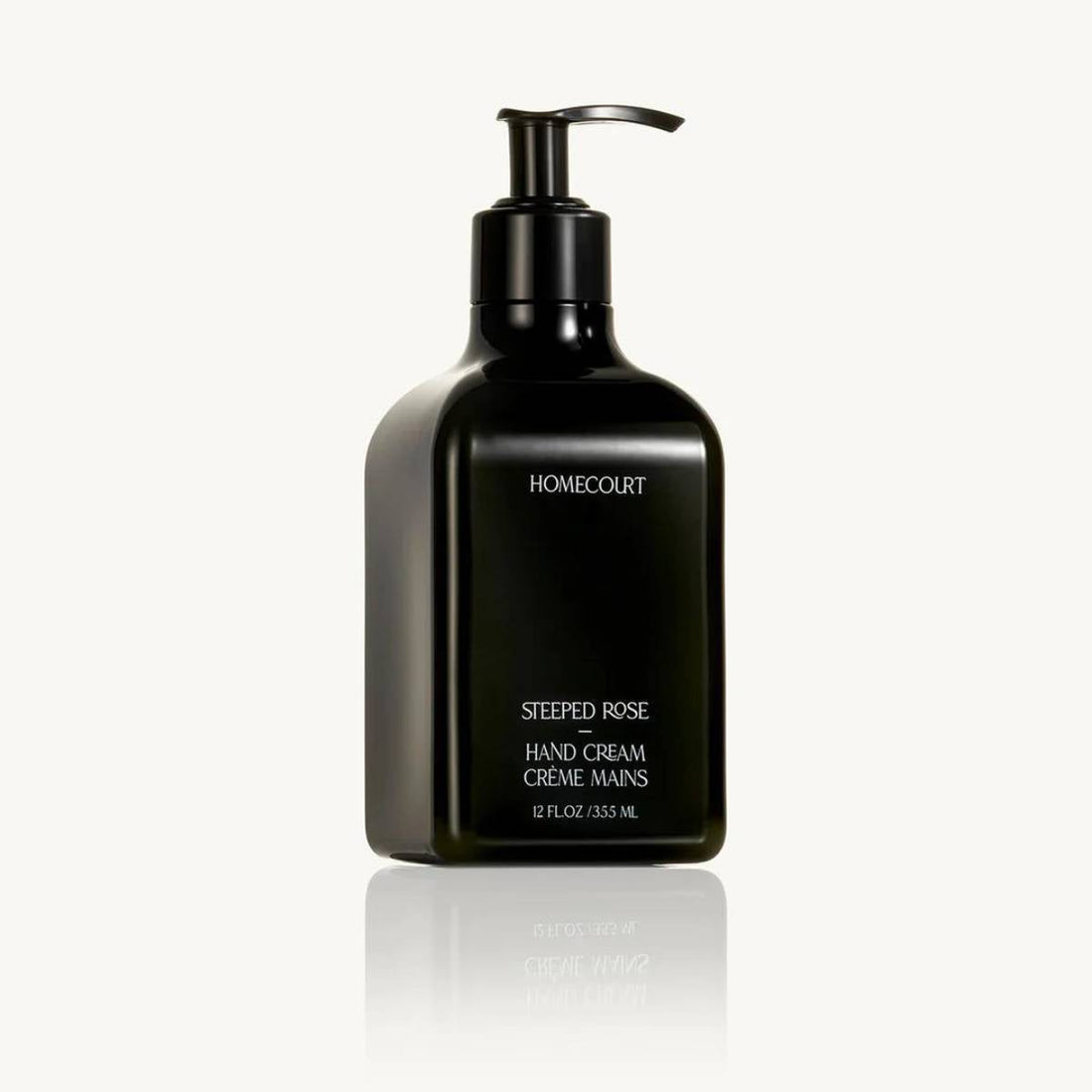 Front view HOMECOURT Steeped Rose hand cream pump bottle, black 12 fl oz / 355 ml, on white background