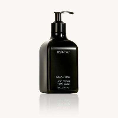 Front view HOMECOURT Steeped Rose hand cream pump bottle, black 12 fl oz / 355 ml, on white background