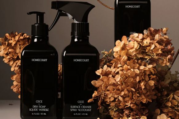 Front view of Homecourt Cece surface cleaner and dish soap bottles showing pump and spray tops with dried brown hydrangeas on a dark background