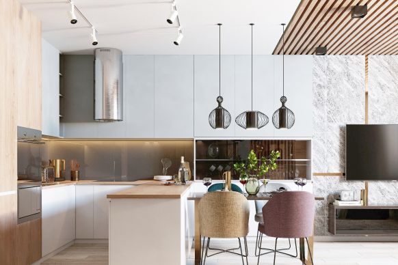 Modern bright kitchen and dining area with island, pendant lights, and mixed-color dining chairs