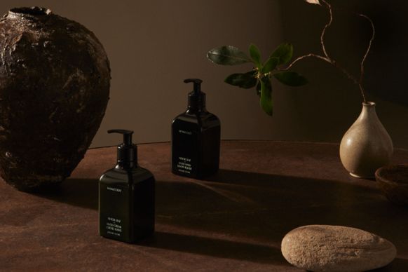 Two dark pump hand cream bottles on a brown tabletop with pottery, a smooth stone, and a green sprig in warm moody lighting
