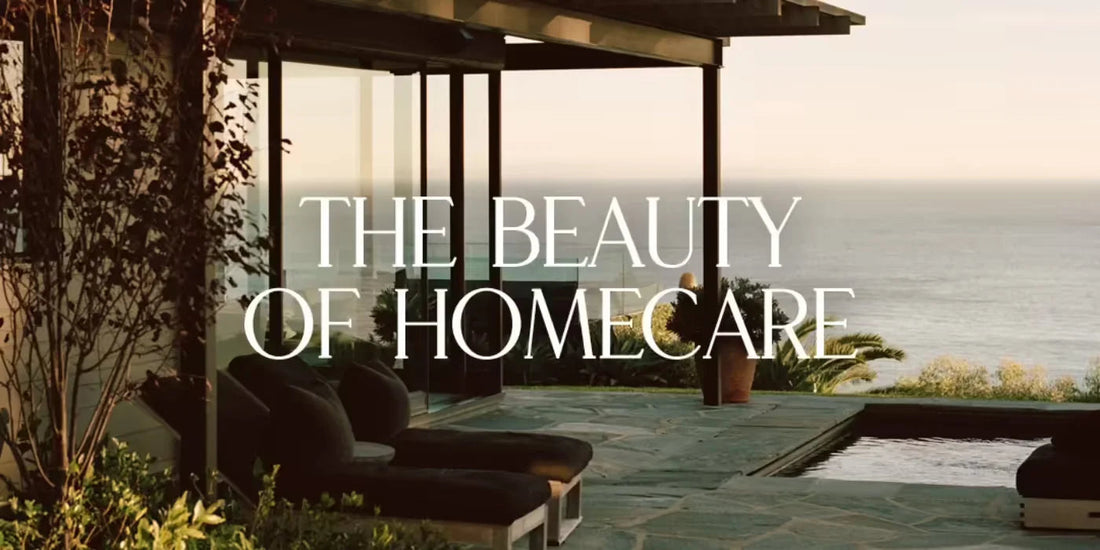 Modern coastal patio with lounge chairs and a small pool overlooking the ocean, overlaid with the headline THE BEAUTY OF HOMECARE