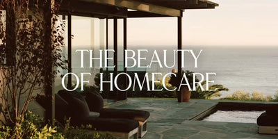 Modern coastal patio with lounge chairs and a small pool overlooking the ocean, overlaid with the headline THE BEAUTY OF HOMECARE