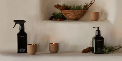 Two dark glass cleaning bottles and lit clay candles arranged on a stucco shelf with pine cones and a wooden bowl, warm natural lighting