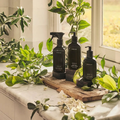 Three dark green Homecourt cleaning bottles displayed on a marble windowsill surrounded by fresh green citrus branches and sunlight