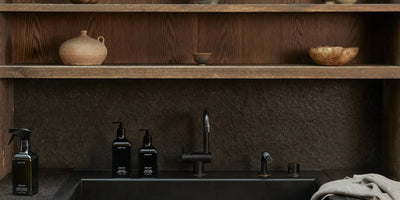 Three dark bottles of plant-derived degreasers sitting on a black kitchen sink with wooden shelves and decorative bowls in the background