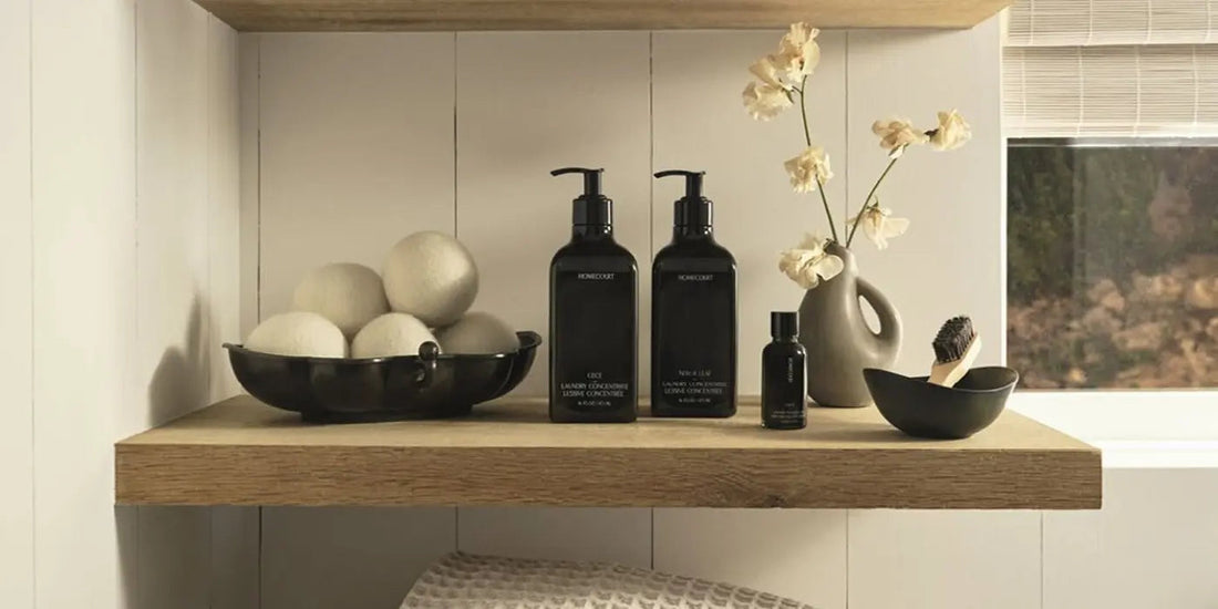 Front view of two black laundry concentrate bottles with pumps, wool dryer balls, dried flowers, and brush on an oak shelf