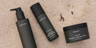 Flat lay of Homecourt Cocomoi body wash (pump), 100 ml body mist, and 200 ml body butter in matte black packaging on sandy textured surface