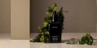 Premium hand cream cipres mint scent in black bottle displayed among fresh mint and forest botanicals