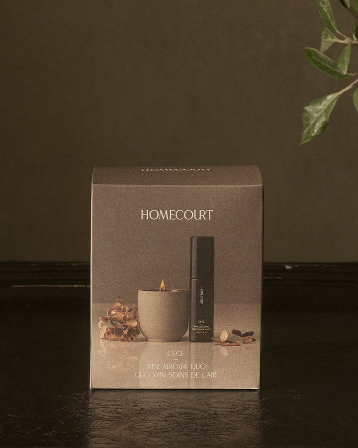 Front view of Mini Aircare Duo box showing Homecourt branding and a candle with aircare spray on a dark brown background