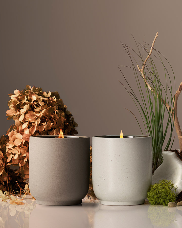 Cece candle set in ceramic containers with natural dried flowers and greenery in a calming, minimalist arrangement.