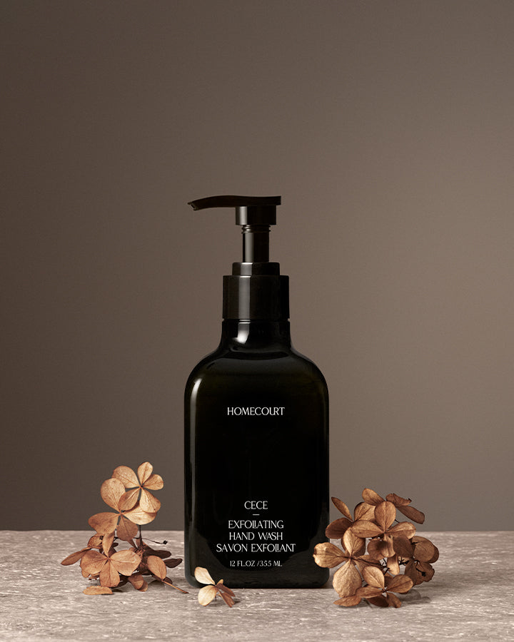 exfoliating hand wash black bottle with cece florals