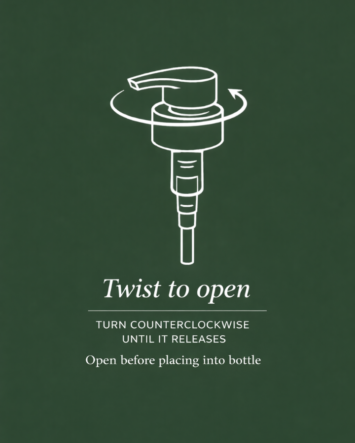 Illustration of a pump dispenser with arrows showing to twist counterclockwise to open, with instructions to open before placing into bottle.
