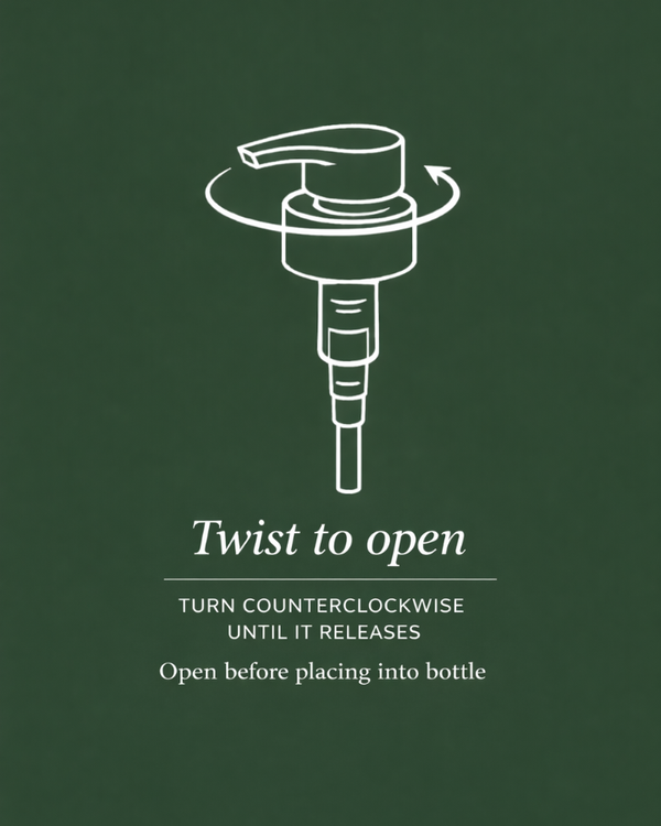 Illustration of a pump dispenser with arrows showing to twist counterclockwise to open, with instructions to open before placing into bottle.