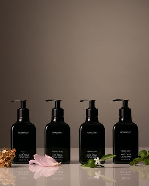 Luxury hand wash and lotion set featuring Cece, Steeped Rose, Neroli Leaf, and Cipres Mint scents with matching floral accents.